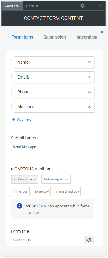 The CONTENT tab options of the Contact Form widget.