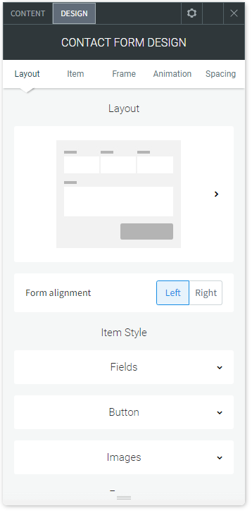 The DESIGN tab options of the Contact Formwidget.