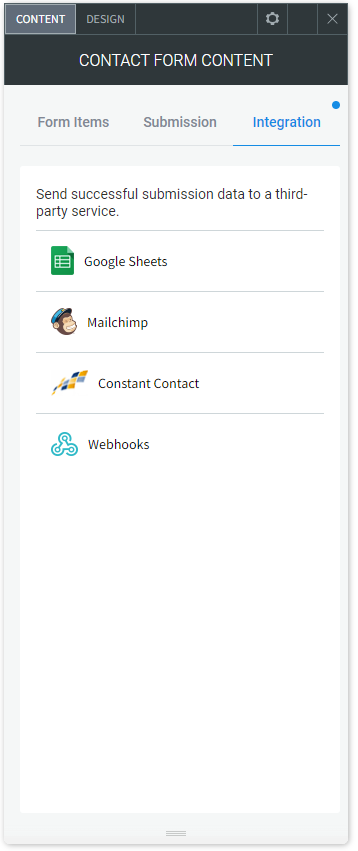 Image showing the Integration options for CCH Web Manager's Contact Form widget. The options are: Google Sheets, Mailchimp, Constant Contact and Webhooks