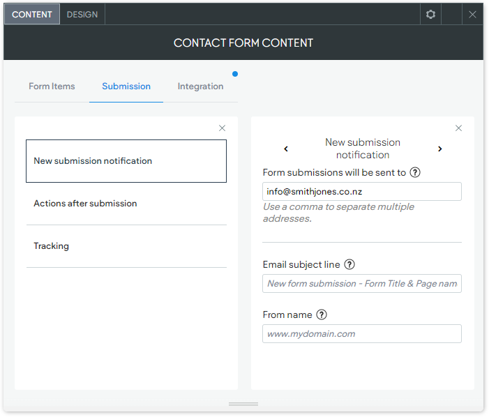 The New Submissions Notifications options under the Submissions options under CONTENT tab of the Contact Form widget.