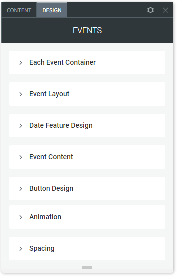 The DESIGN tab options of the Events widget.