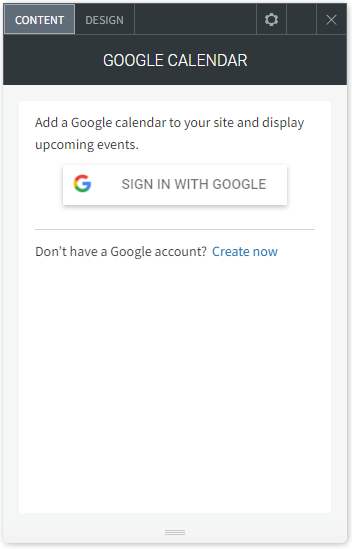 The CONTENT tab options of the Google Calendar widget.