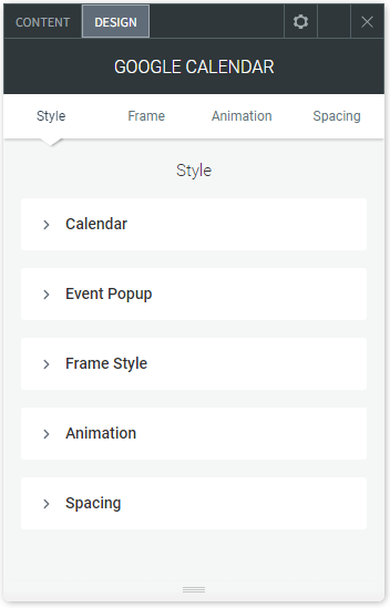 The DESIGN tab options of the Google Calendar widget.