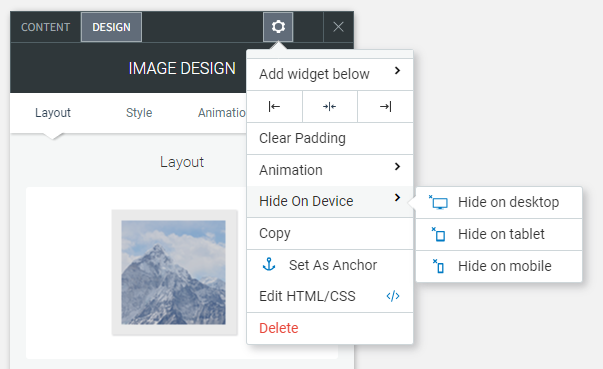 Displaying the option to hide a page element either on desktop, tablet or mobile views in CCH Web Manager.