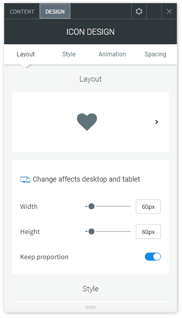 The DESIGN tab options of the Icon widget.