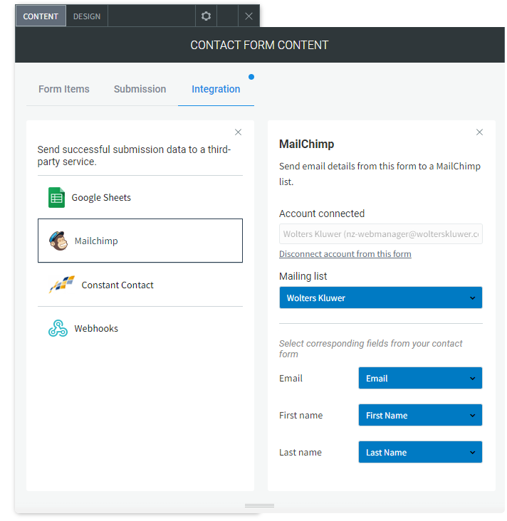 This image shows the Integration options for Mailchimp in CCH Web Manager's  Contact Form widget.