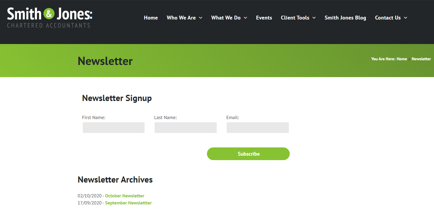 This image shows a Newsletter Signup form and a list of Newsletter Archives from Mailchimp on a CCH Web Manager created website page.