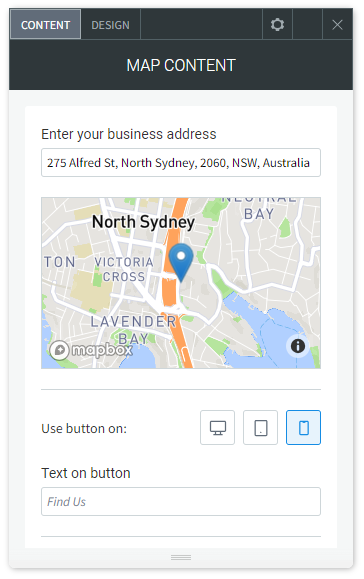 The CONTENT tab options of the Map widget showing the field to enter an address.