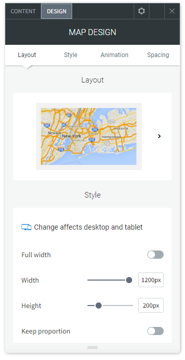 The DESIGN tab options of the Map widget.