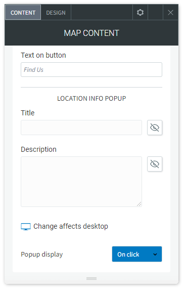 The CONTENT tab options of the Map widget showing the Text on button, Title and Description fields and the Popup display option.