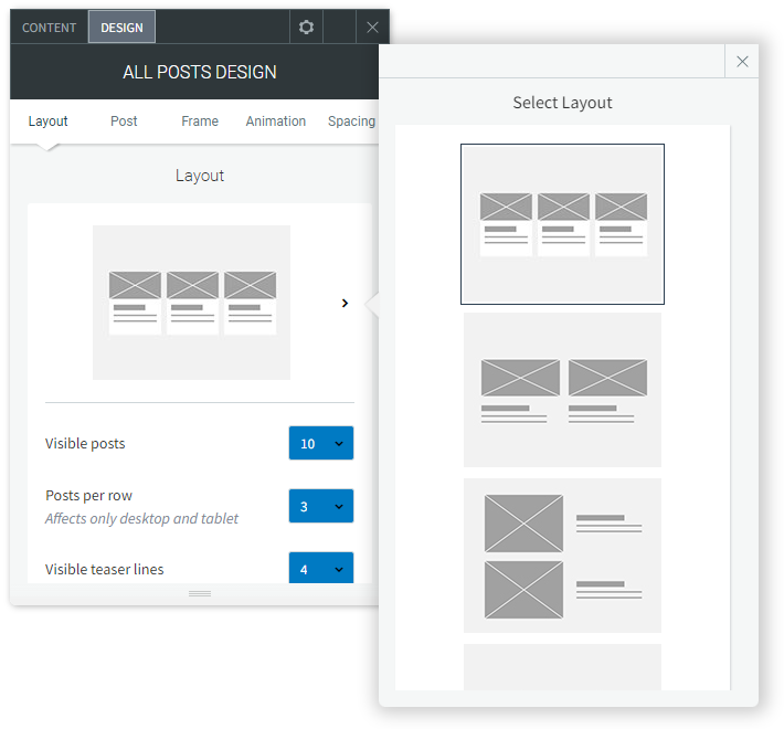 The DESIGN tab options of the All Posts widget.