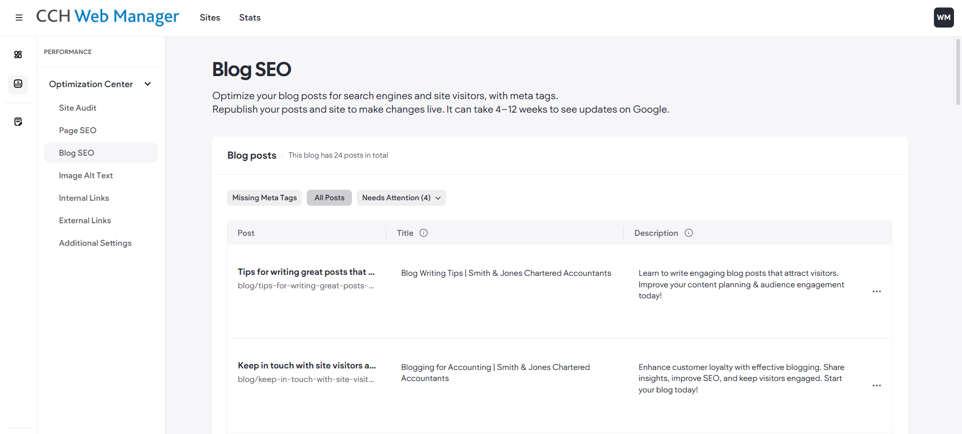 Blog SEO settings, CCH Web Manager - websites for accountants