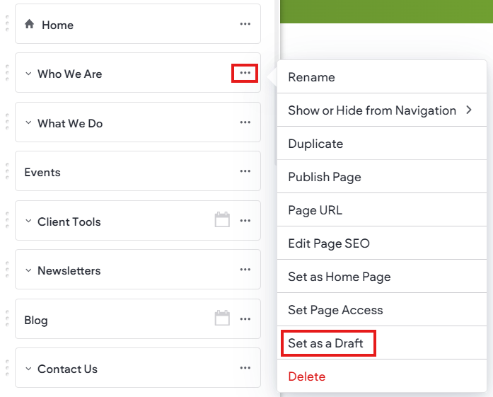 Image demonstrating how to set a page to draft.