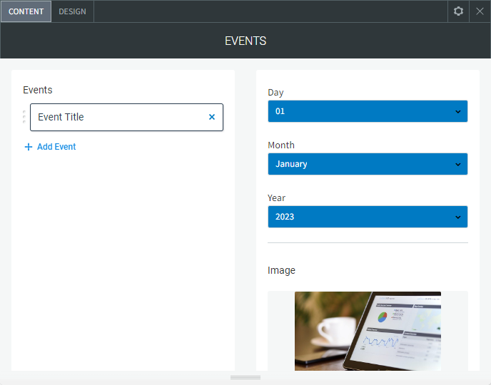 The full view of the CONTENT tab options of the Events widget.