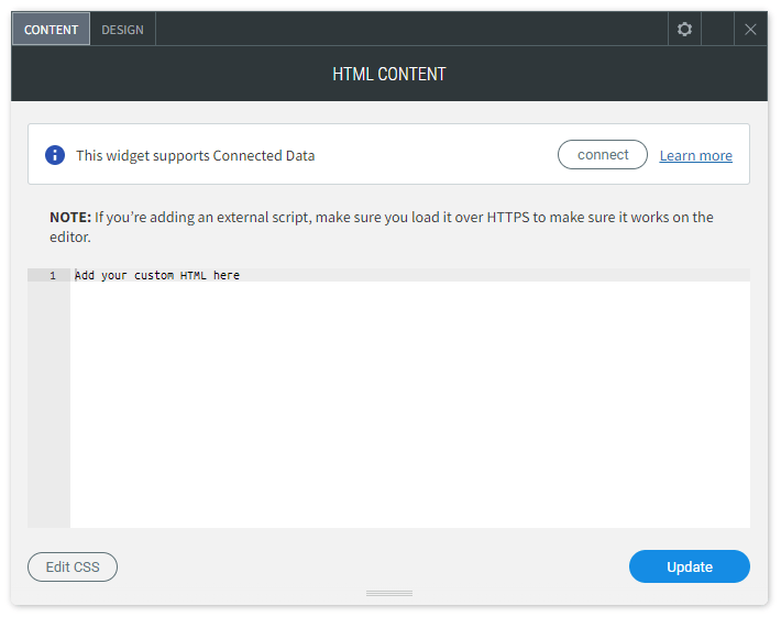 The CONTENT tab options of the HTML widget.