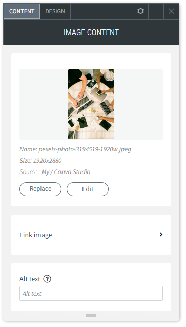 Image of the CONTENT tab of the Image widget highlighting the Alt text field.