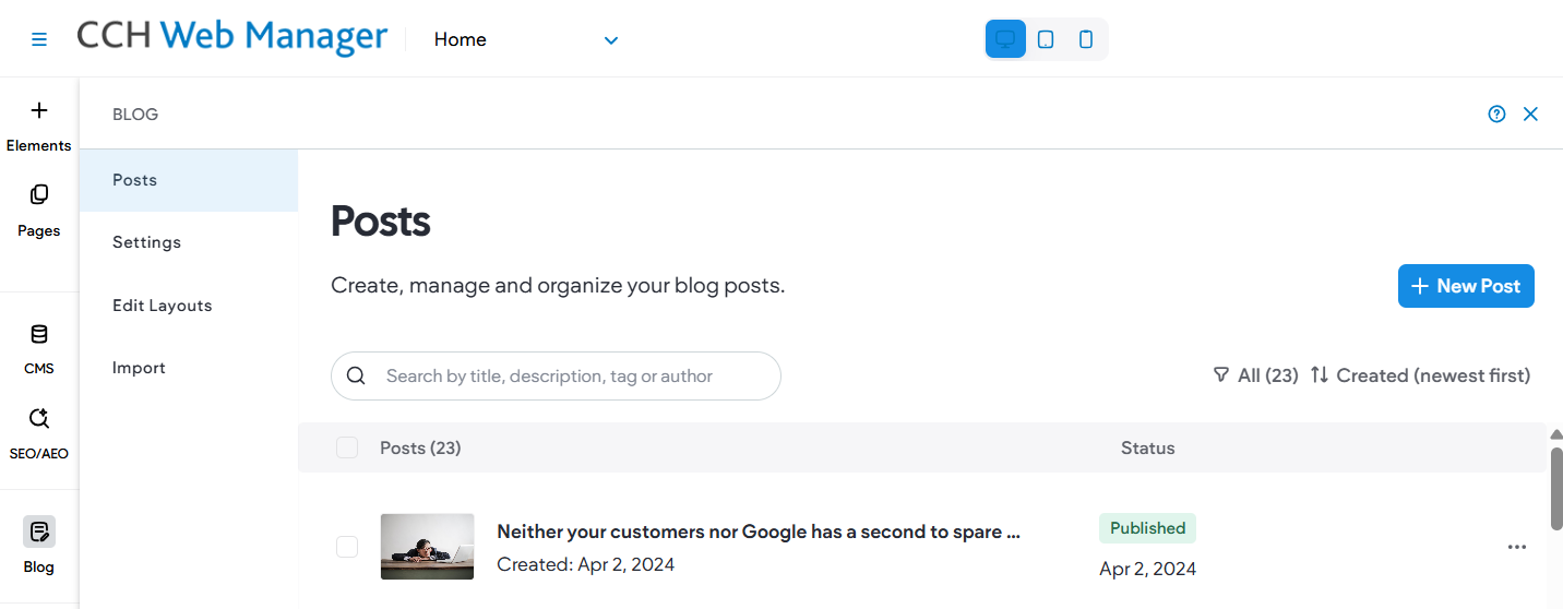 CCH Web Manager's 'Manage Posts' settings screen under the Blog menu option.
