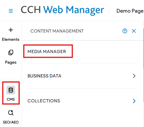 CCH Web Manager's media manager menu.