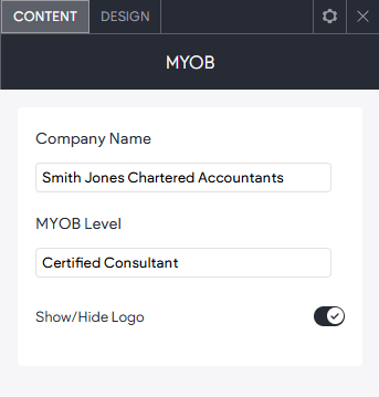 The CONTENT tab options of the MYO widget.