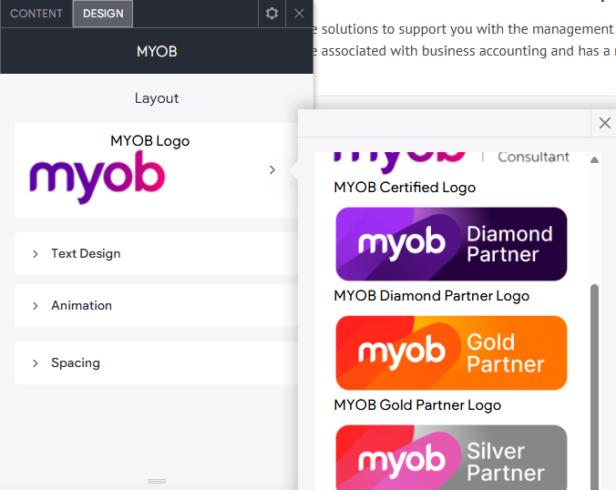 The DESIGN tab options of the MYOB widget.
