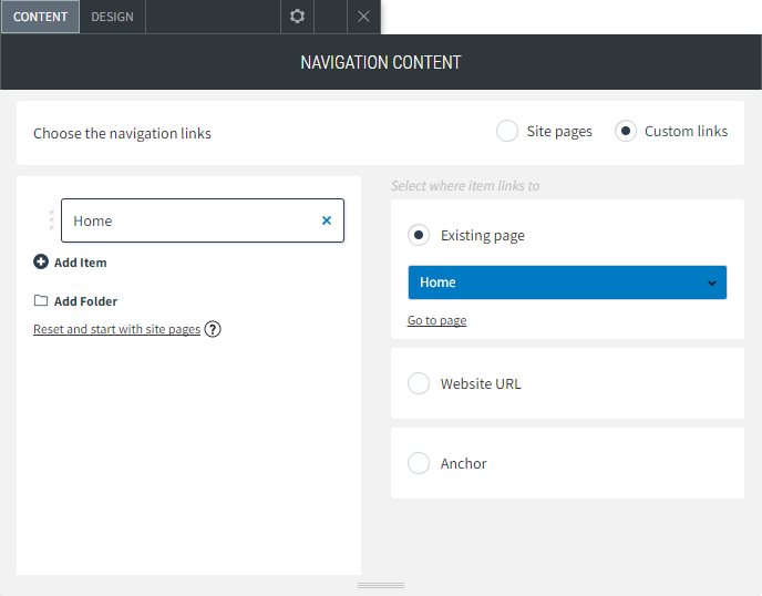 The CONTENT tab options of the Navigation Links widget showing the option to link to an existing page.