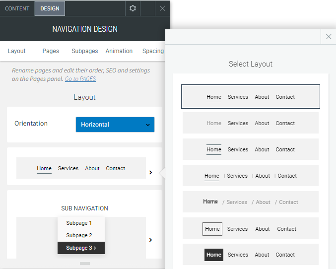 The DESIGN tab options of the Navigation Links widget.