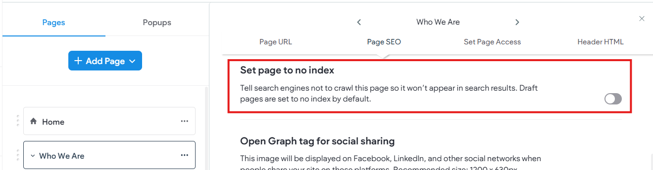 Page setting image showing how to set a page to 'no index'.