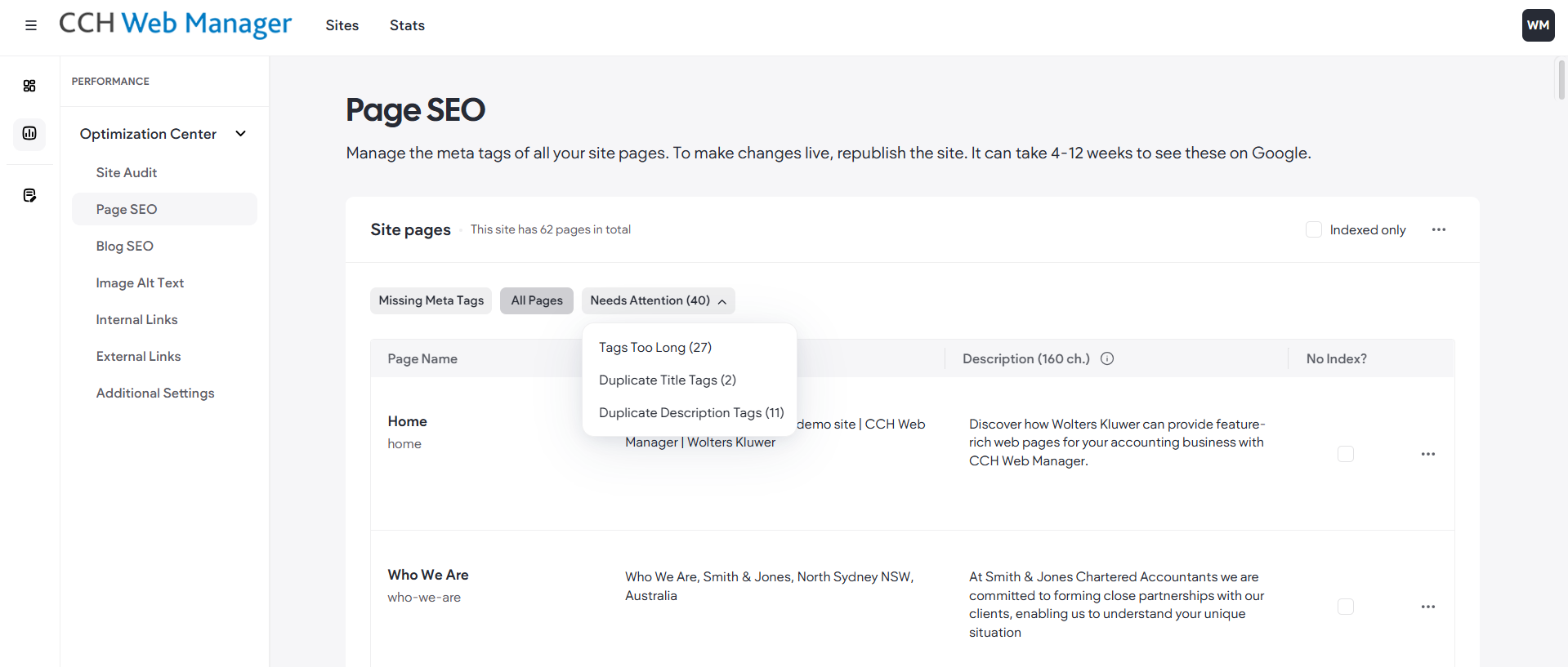 Page SEO settings, CCH Web Manager - websites for accountants