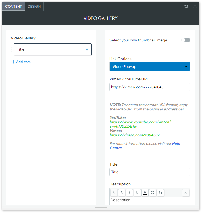 The CONTENT tab options of the YouTube Gallery widget highlighting the Hover Text field, Link Options and YouTube URL and selecting your own thumbnail image.