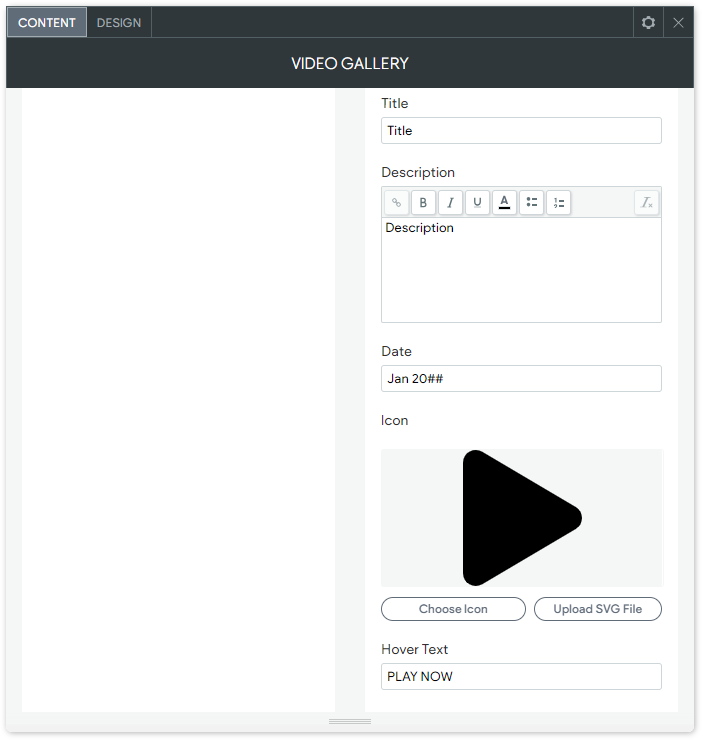 The CONTENT tab options of the YouTube Gallery widget highlighting the Title, Description and Date fields as well as selecting an icon to trigger playing the video.