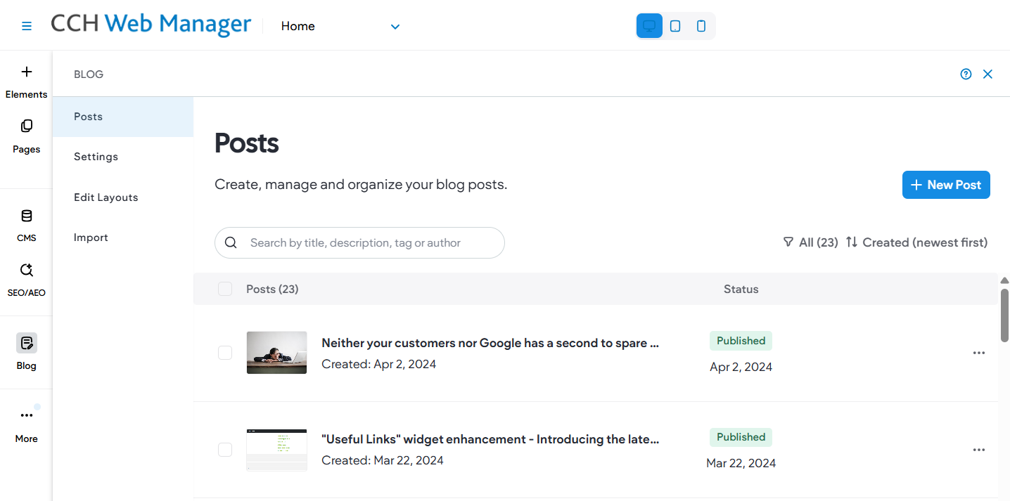 CCH Web Manager's blog module's 'Manage Posts' menu screen.