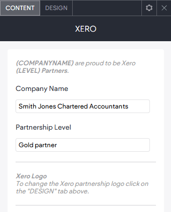 The CONTENT tab options of the Xero widget.