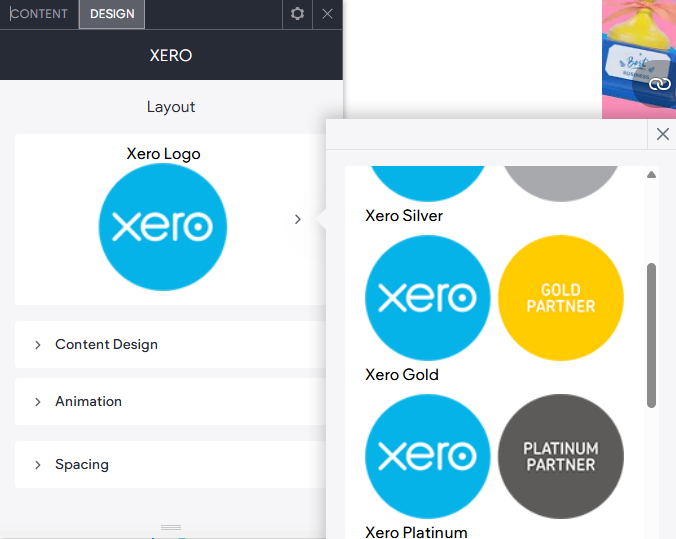 The DESIGN tab options of the Xero widget.