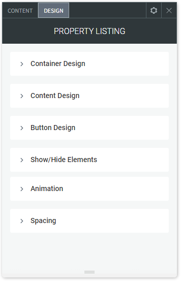 The DESIGN tab options of the Property Listing widget.