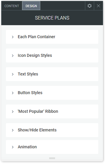 The DESIGN tab options of the Service Plans widget.