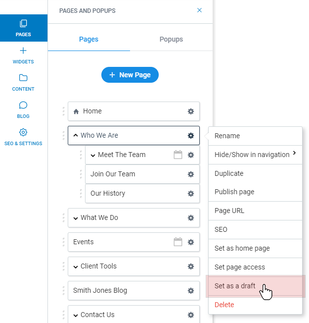 Image demonstrating how to set a page to draft.