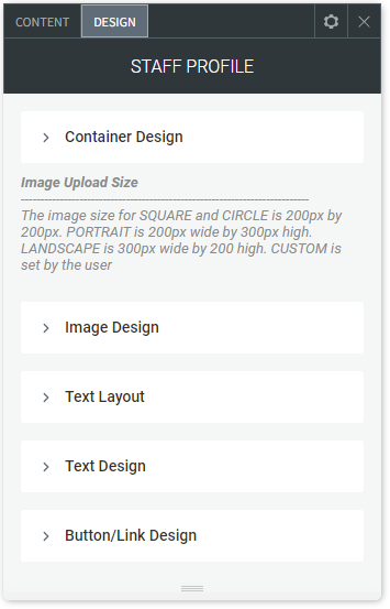 The DESIGN tab options of the Staff Profile widget.