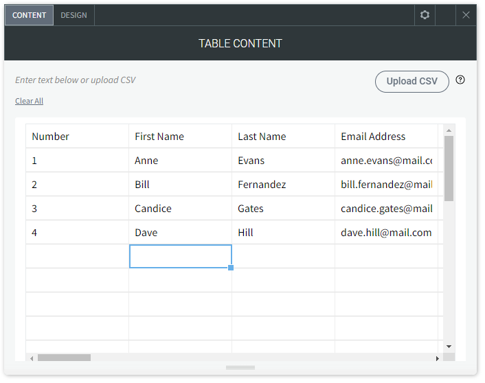 The CONTENT tab options of the Tablwidget.