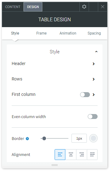 The DESIGN tab options of the Tablwidget.