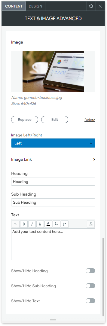 The CONTENT tab options of the advanceText & Image widget.