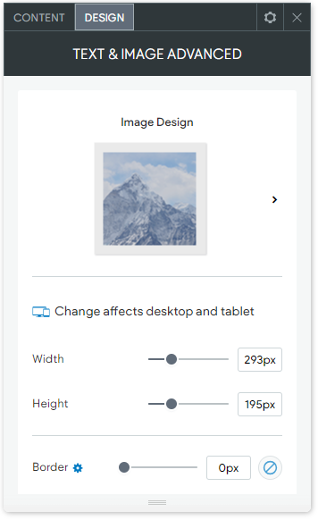 The DESIGN tab options of the advanced Text & Image widget.