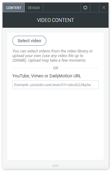 The CONTENT tab options of the Video widget.