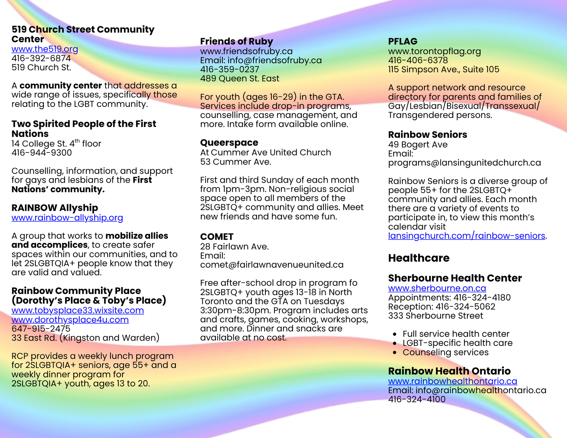 Back of the tri-fold queer resource brochure, of which all the information is listed on this web page.