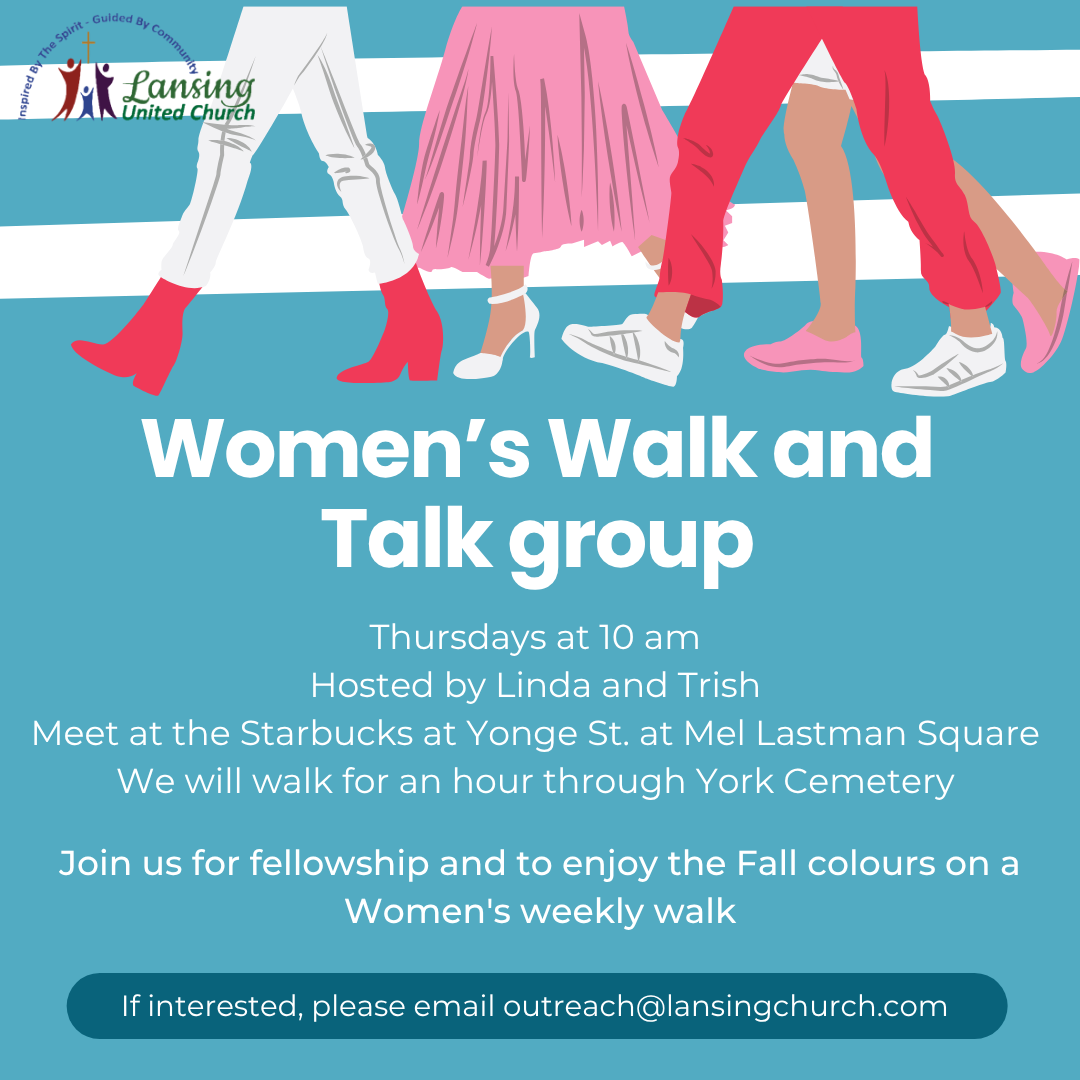 Women's walk and talk group. Thursdays 10-11 am through York Cemetery.
We meet outside the Starbuck's at Yonge Street and Mel Lastman Square.