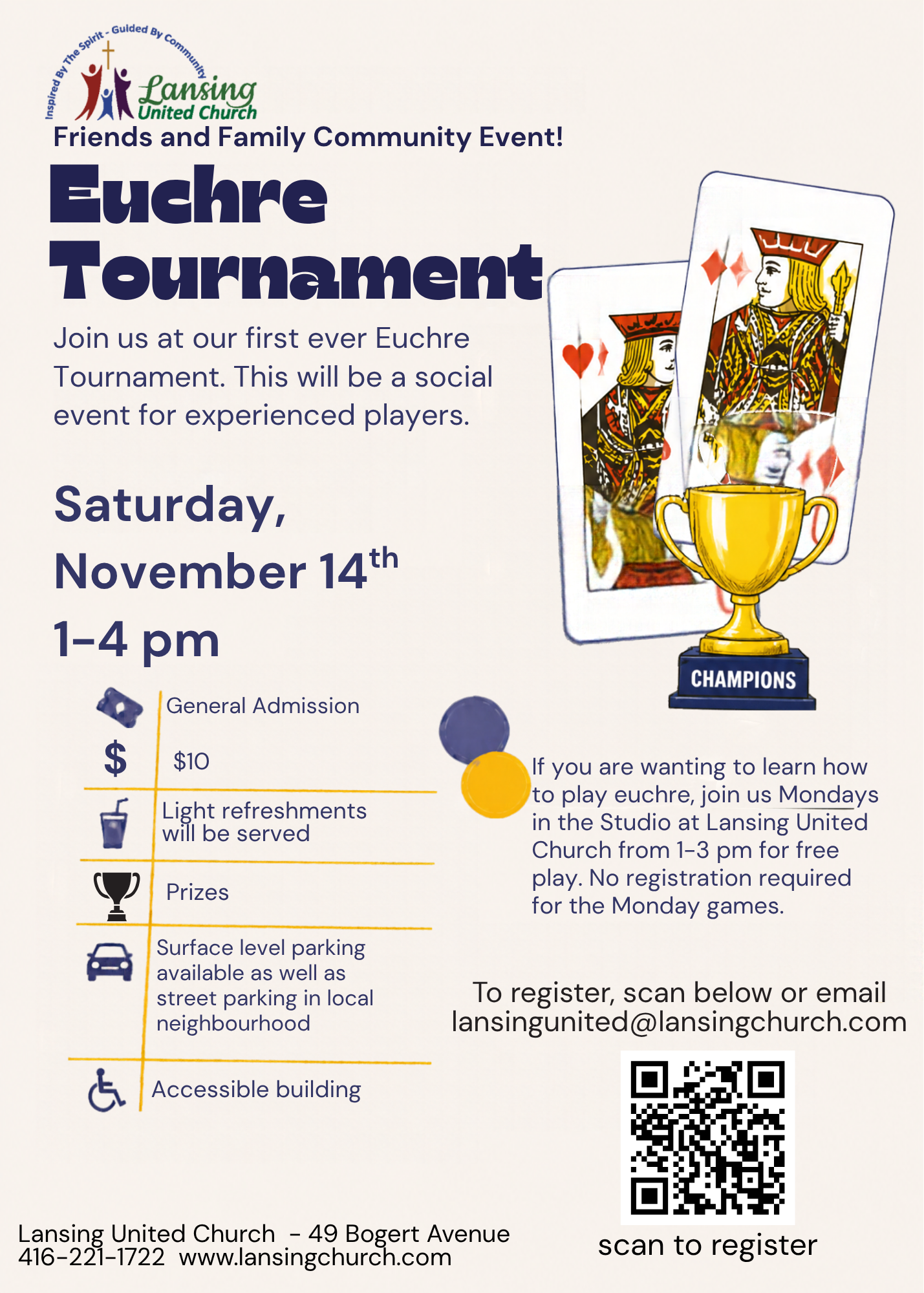 Community Euchre Tournament
November 14th 1-4 pm
$10.00