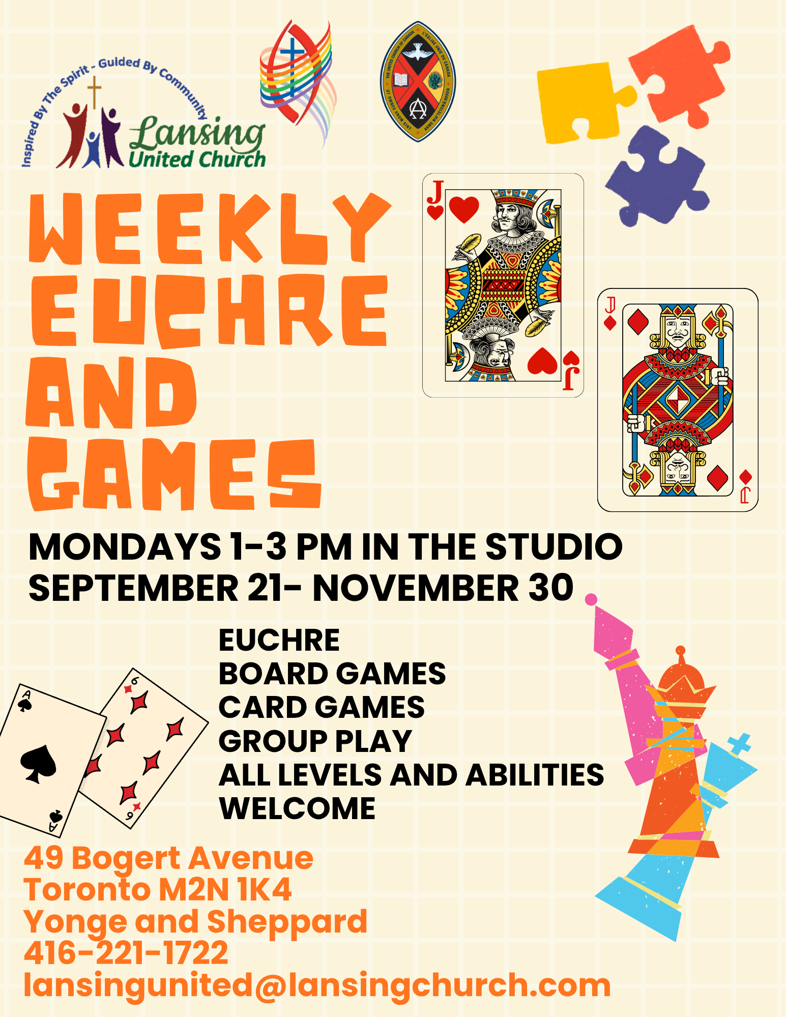 Euchre and games every Monday 1-3 pm starting September 21st until November 30th, 2026. Free.