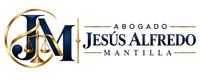 Logo de abogado Jesús Alfredo Mantilla en azul y dorado sobre fondo blanco.