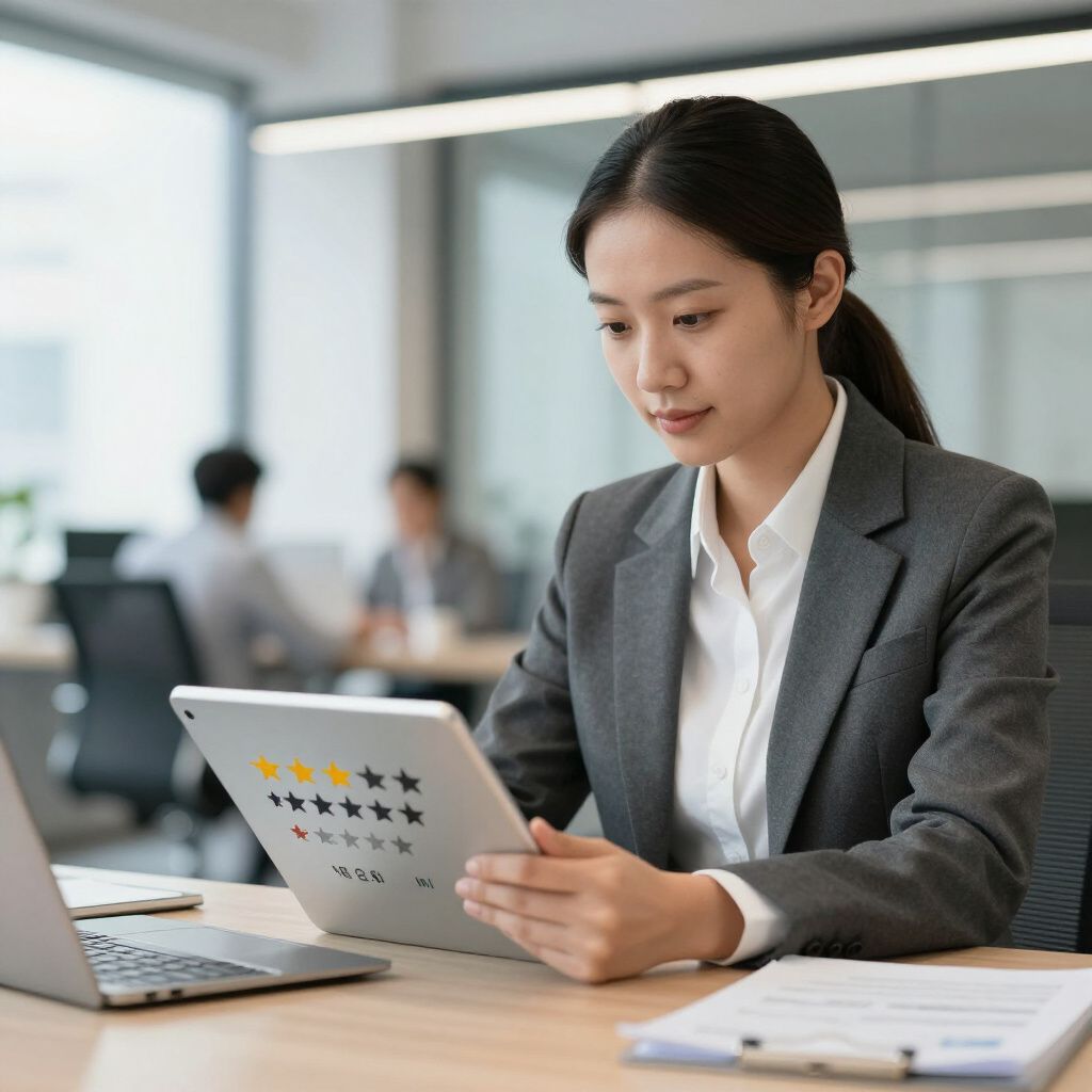 Woman in business suit reviews tablet with star ratings at a desk in an office.