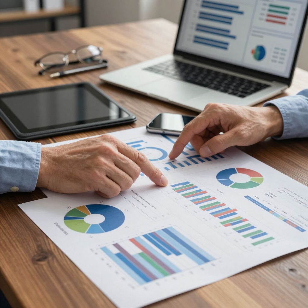 Hands pointing at financial charts on a desk with a laptop, tablet, phone, and glasses.