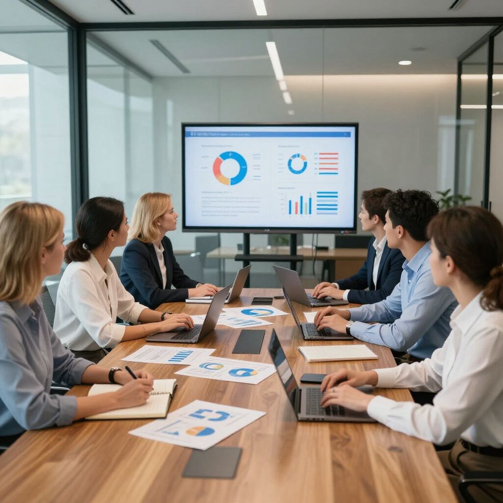 Business team in meeting, viewing charts on screen, working on laptops in a modern office setting.
